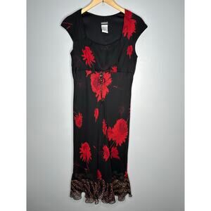 Ombre‎ Women's Y2K Black + Red Floral Cap Sleeve Ruffle Maxi Dress Size 10